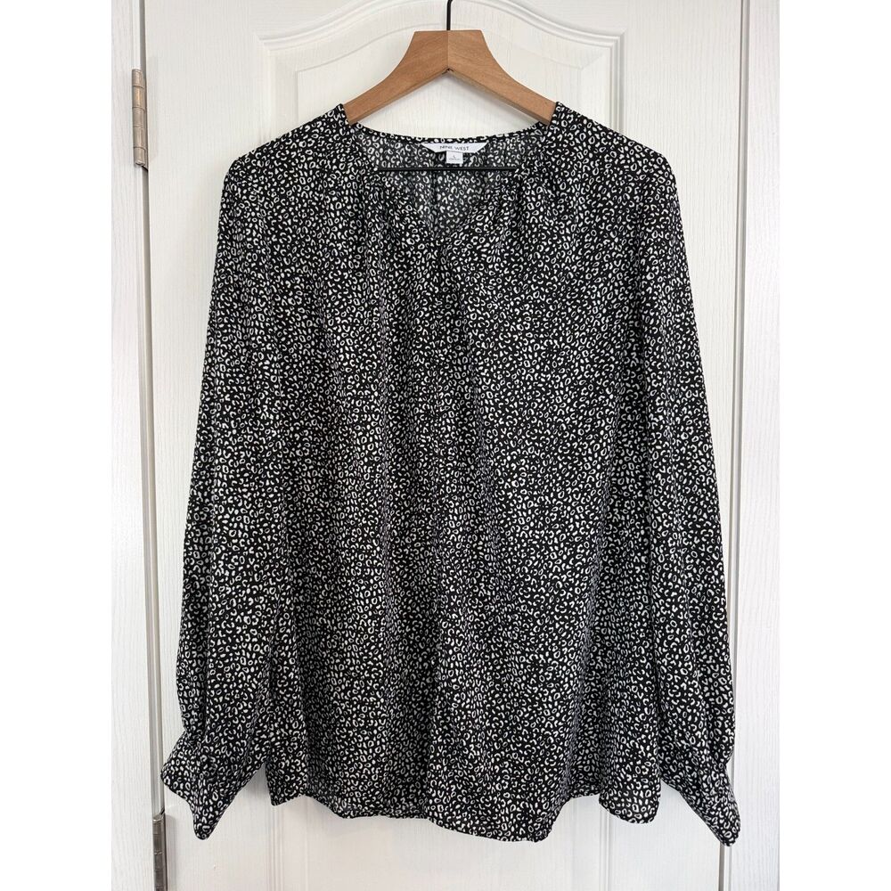 Nine West Women's Button Front Blouse Top Black White Animal Print Size L Large
